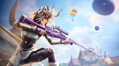 Armored Female Sniper Character Firing Purple Rifle in Aerial Battle image