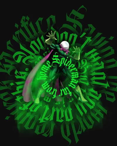 Mysterio Marvel Comics Villain with Dynamic Pose and Green Gothic Typography image