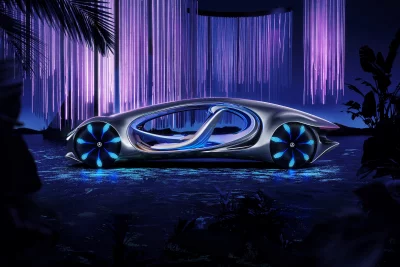 Futuristic electric concept car with glowing wheels at night under striking purple lights image