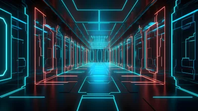 Futuristic sci-fi tunnel with glowing neon blue and red light patterns image