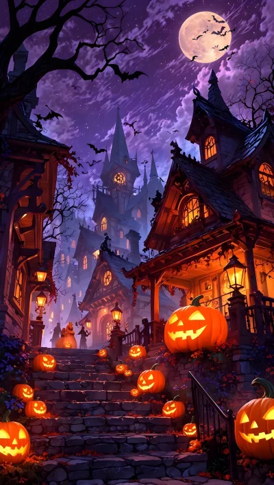 Spooky Halloween night with jack-o lanterns lining stone steps under a full moon