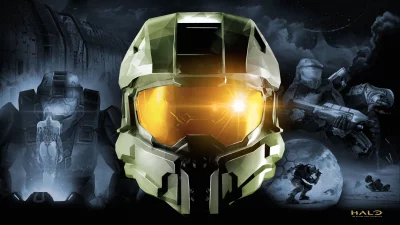 Iconic Master Chief Helmet with Halo Game Collection Universe Art image