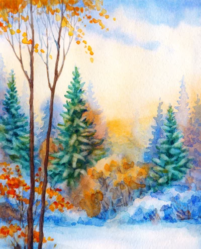 Vibrant Watercolor Painting of a Winter Forest Landscape with Golden Hues image