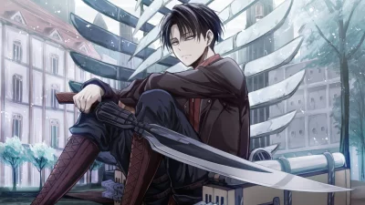 Pensive Dark-Haired Anime Warrior with Blue Eyes and Swords in Fantasy Cityscape image
