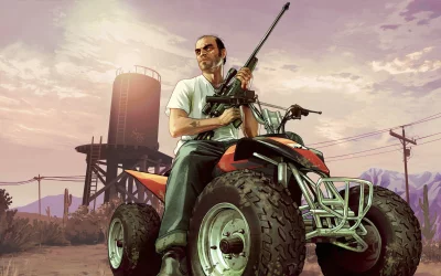 Rugged Man on ATV with Sniper Rifle in Arid Desert Landscape Digital Art image