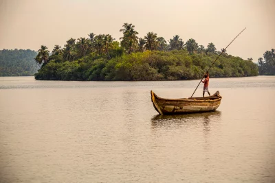 Traditional Indian Boatman Navigating Serene Kerala Backwaters at Sunset image