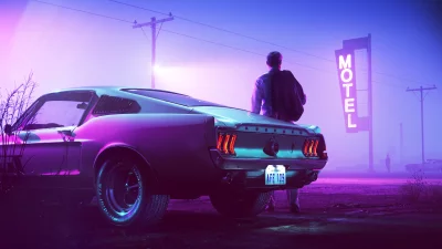 Retro-futuristic Night Scene: Man and Classic Car by Neon Motel Sign in Purple Haze image