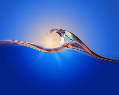 Dynamic Abstract Water Wave with Sunburst and Vibrant Reflections on Blue Background image