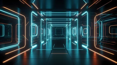 Abstract Futuristic Neon Tunnel: Glowing Blue and Orange Cyberpunk Light Passage Background image
