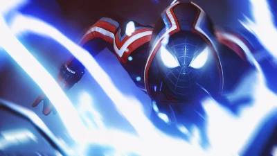 Iconic Spider-Man Hero in Dynamic Action with Glowing Eyes and Electric Blue Trails image