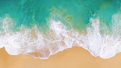 Top-Down Aerial View of Turquoise Ocean Waves Crashing on Golden Sandy Beach image
