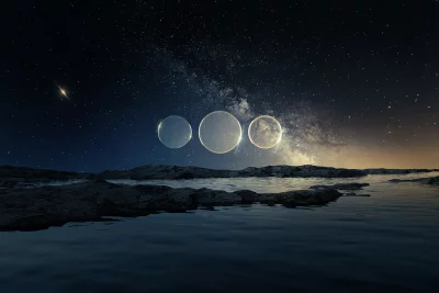 Ethereal Cosmic Landscape with Glowing Spheres over Water at Night Under Milky Way image