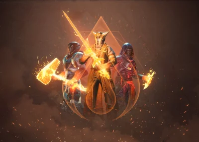 Three Armored Cybernetic Warriors Displaying Fiery Energy Weapons in Dynamic Pose image