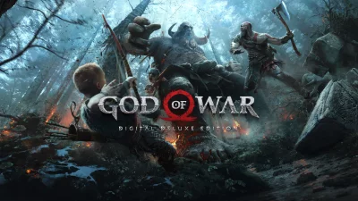 Kratos and Atreus Clash with Mythical Giant in Dark Nordic Forest Battle image