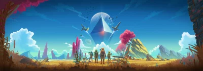 Astronauts Exploring Vibrant Alien Planet with Spaceships, Exotic Flora, and Sci-Fi Structures image