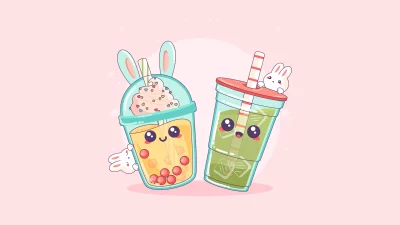 Cute Kawaii Bubble Tea Drinks with Playful Bunny Characters and Sprinkles image