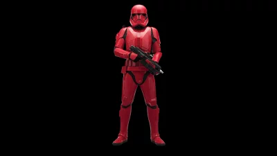 Striking Red Sith Trooper in Full Armor with Blaster on Isolated Black Background image