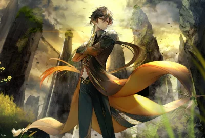 Elegant Anime Character with Golden Robe in Mystical Mountainous Landscape image