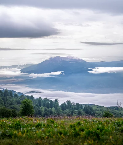 Misty Mountain Landscape with Lush Green Fields and Towering Peaks