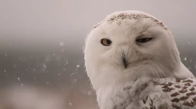 Majestic Snowy Owl Close-up Portrait in Gentle Falling Snow on a Winter Day