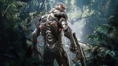 Futuristic Soldier Standing in Lush Jungle Cinematic Wallpaper image
