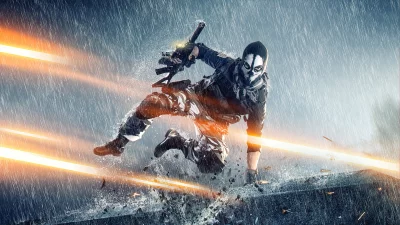 Dynamic Tactical Soldier with Skull Mask Leaping in Rainy Urban Combat Zone image