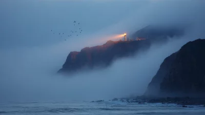 Lighthouse Guiding Through Dense Fog on a Rocky Coast at Twilight with Flying Birds