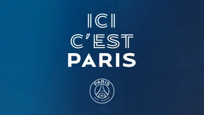 Iconic Paris Saint-Germain Motto "Ici C'est Paris" with Club Emblem on Blue Background image