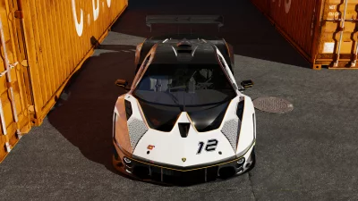 High Performance White and Black Race Car Between Orange Shipping Containers image