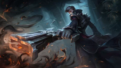 Dark Fantasy Warrior with Glowing Eyes Wielding Powerful Futuristic Gun in Ominous Setting image