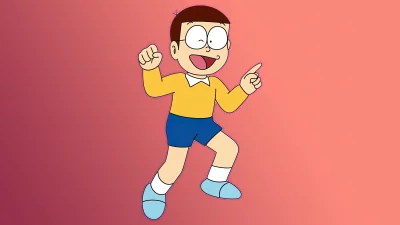 Joyful Nobita Nobi Cartoon Character Jumping Energetically with a Wink on Gradient Background image