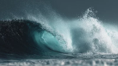 Powerful Ocean Wave Breaking with Turquoise Barrel and Dynamic White Spray