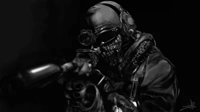 Tactical Operator with Skull Mask Aiming Sniper Rifle in Dark, Intense Scene image