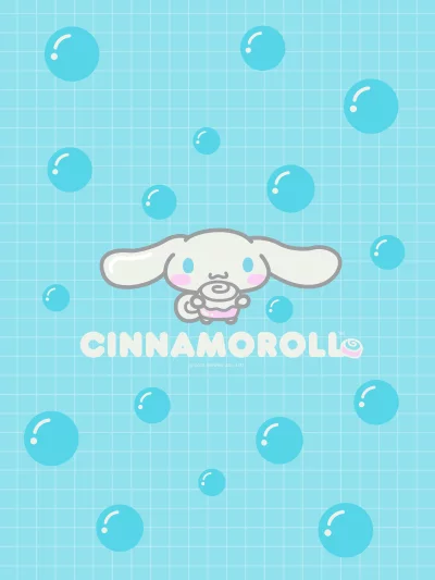 Cute Cinnamoroll Character Holding a Sweet Cinnamon Roll on a Bubbly Blue Grid Background image