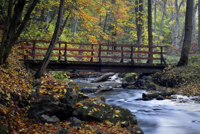 Scenic autumn view of a rustic wooden bridge crossing a flowing forest stream image