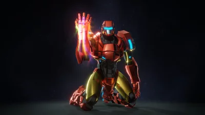 Futuristic Armored Hero Kneeling with Glowing Power Hand image