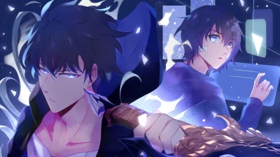 Dynamic Anime Warriors with Glowing Blue Eyes in a Futuristic Fantasy Setting image