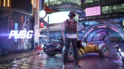 PUBG Soldier Standing with Buggy in a Cyberpunk Cityscape at Night with Neon Lights image
