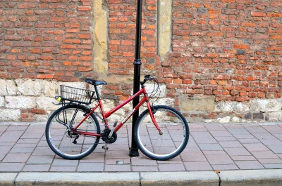 Red Bicycle Leaning on Lamppost Against Historic Brick Wall image