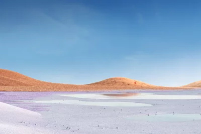 Tranquil Landscape with Golden Hills, Purple Fields, and Reflective Ponds image