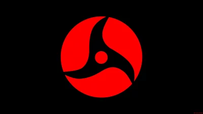 Intense Red Circular Symbol with Black Blade-like Swirls image