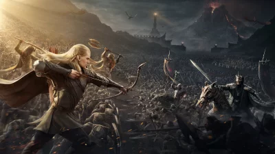 Epic Fantasy Battle: Elf Archer, Dwarf Warrior, Dark Armies, and Dragons in War image