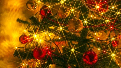 Sparkling Christmas Tree with Golden Lights and Vibrant Red Ornaments image