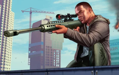 Urban Marksman with Scoped Sniper Rifle on a High-Rise Building Rooftop image
