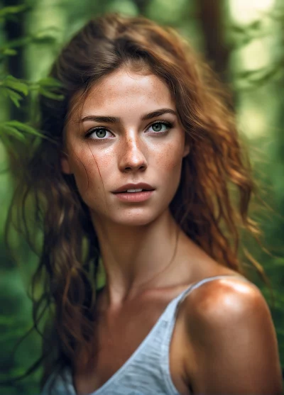 Young Woman with Emerald Eyes and Freckles in Lush Green Forest image