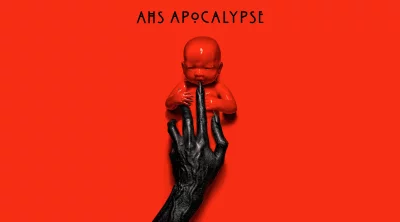 Eerie Red Infant Held by Monstrous Black Hand on Vibrant Background Poster image