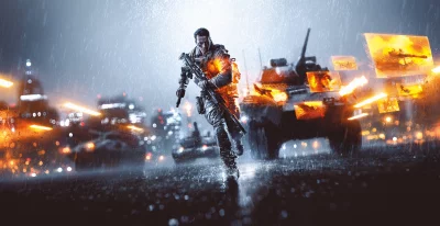 Soldier Running Through Rainy Urban Battle with Explosions and Tanks image