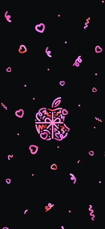 Pink and Orange Apple Logo with Confetti on Black Background