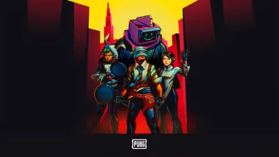 Stylized PUBG Characters in Cyberpunk Cityscape with Frying Pan image