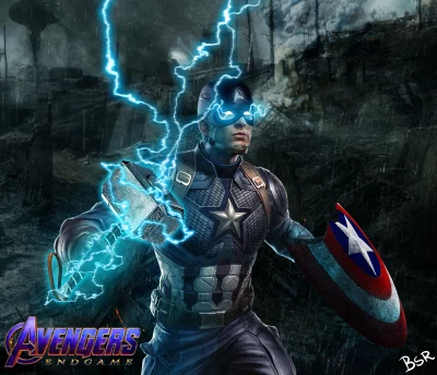 Captain America Wielding Mjolnir and Shield Amidst Stormy Apocalypse in Avengers Endgame image